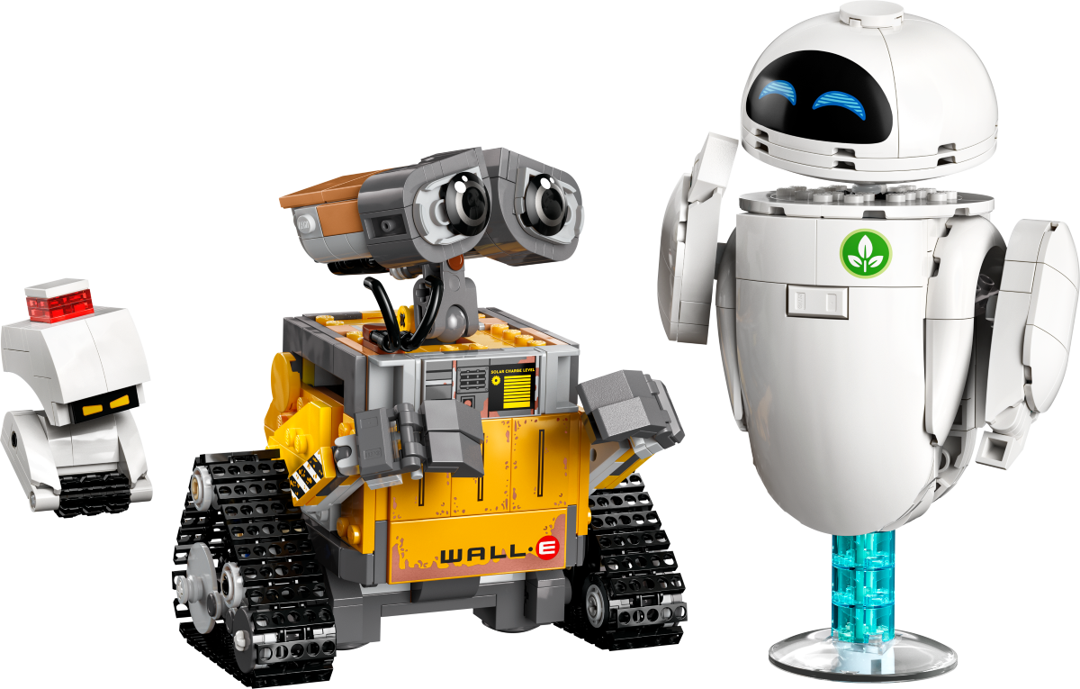 Two robot LEGO toys, one resembling WALL-E and the other resembling EVE from 'EVE,' on a white background.