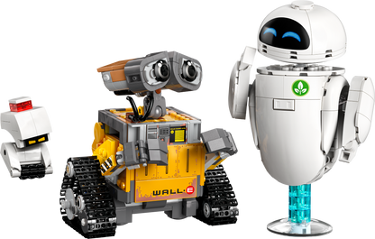 Two robot LEGO toys, one resembling WALL-E and the other resembling EVE from 'EVE,' on a white background.