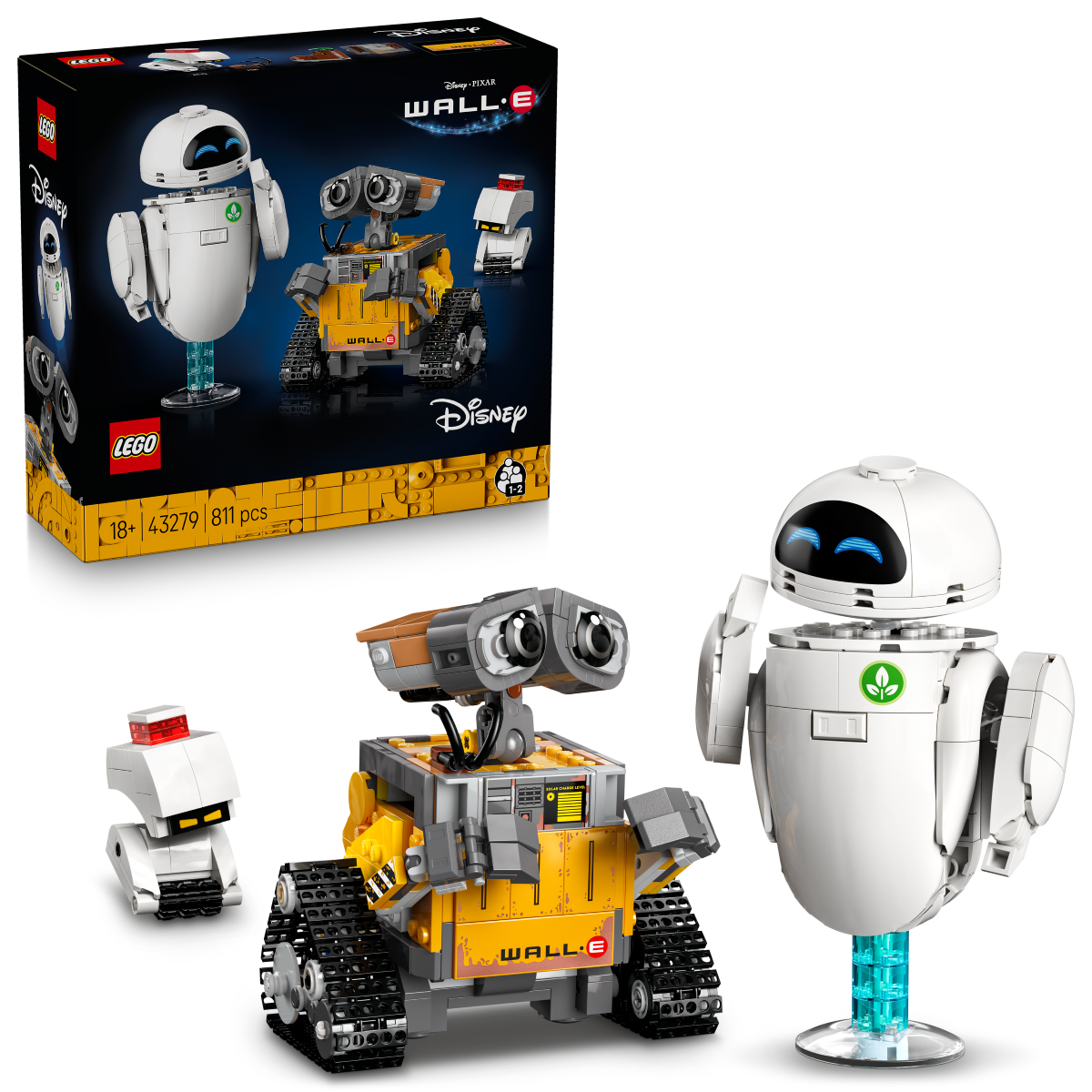 LEGO Disney WALL-E set with robot figures and packaging on a white background