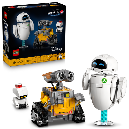 LEGO Disney WALL-E set with robot figures and packaging on a white background