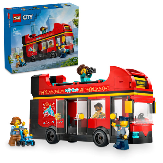 LEGO City red double-decker bus set with figures and packaging on a white background.