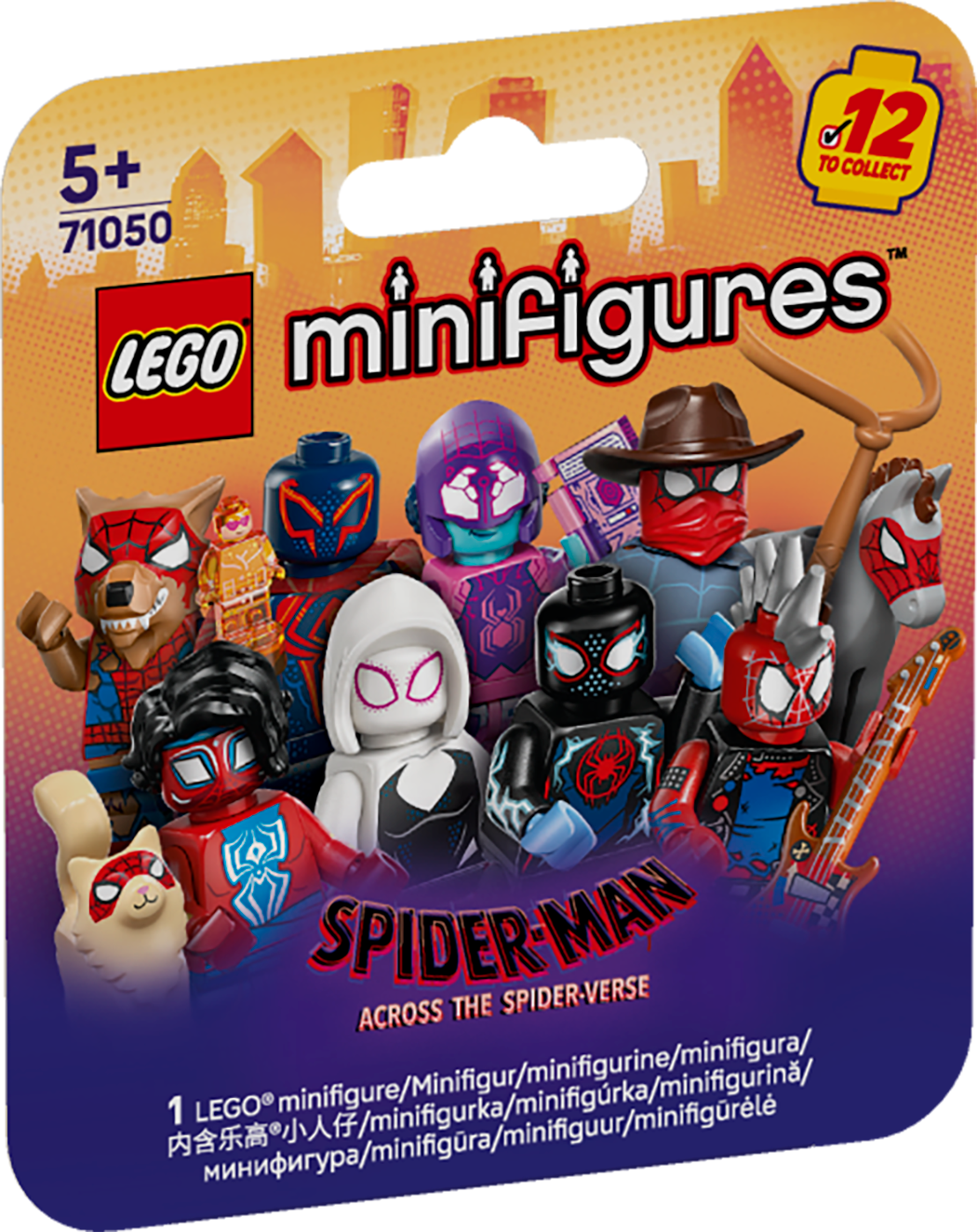 LEGO Spider-Man minifigures packaging with various characters on a colorful background