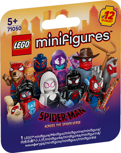 LEGO Spider-Man minifigures packaging with various characters on a colorful background