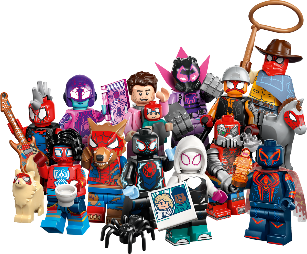Full Collection of LEGO Spider man minifigures on a white background