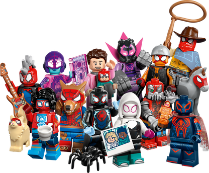Full Collection of LEGO Spider man minifigures on a white background