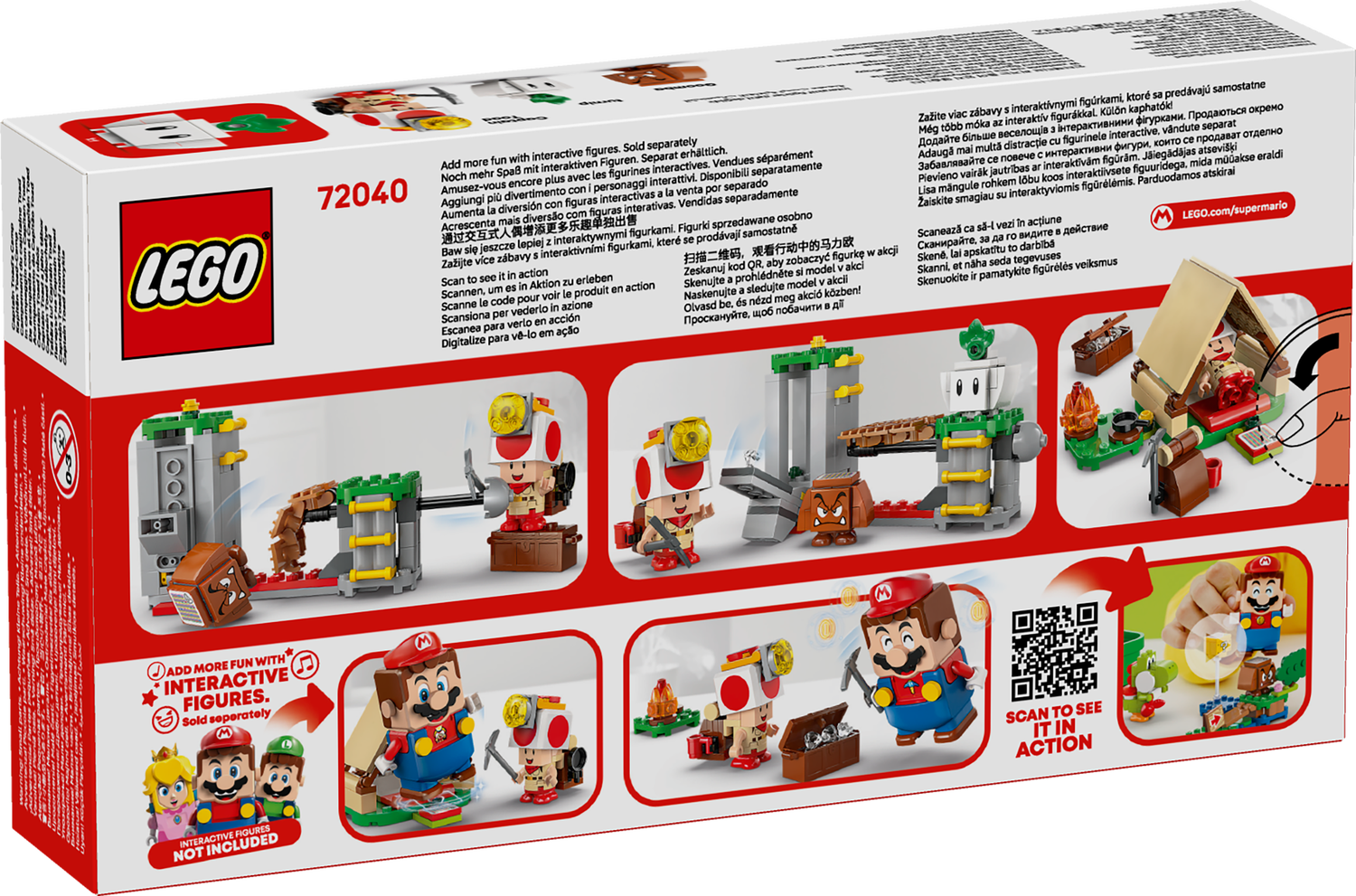 Back of product packaging for LEGO Super Mario 72040 packaging with character illustrations and interactive elements.