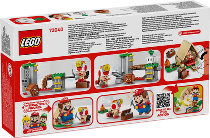 Back of product packaging for LEGO Super Mario 72040 packaging with character illustrations and interactive elements.