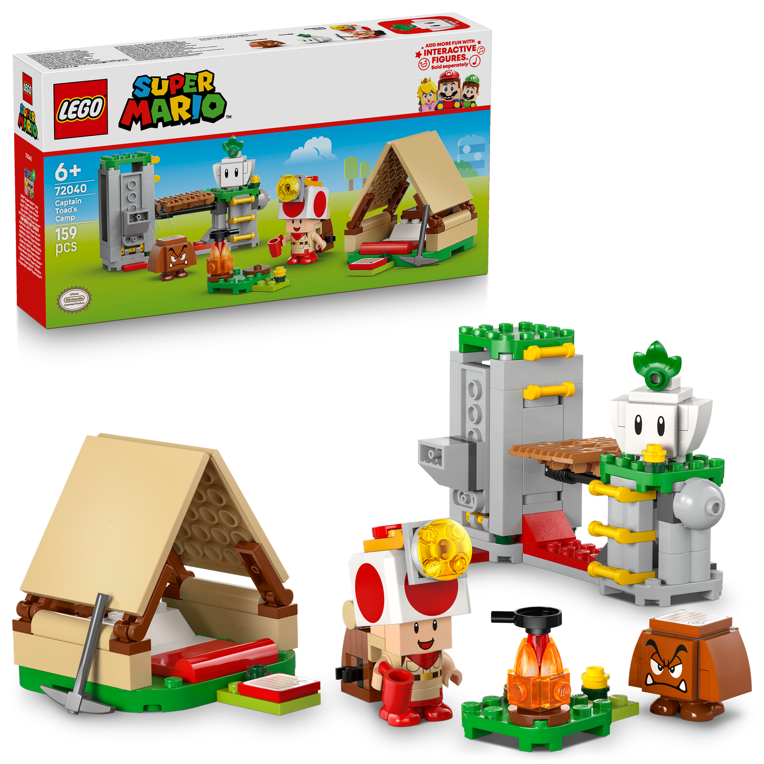 LEGO Super Mario set with packaging, characters, and structures on a white background.