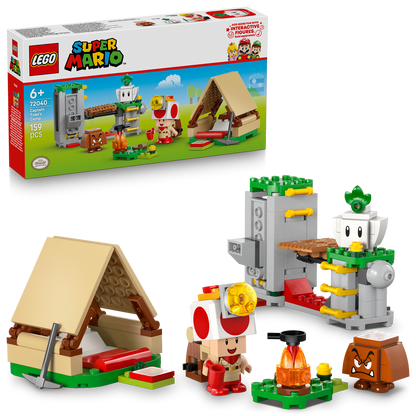 LEGO Super Mario set with packaging, characters, and structures on a white background.