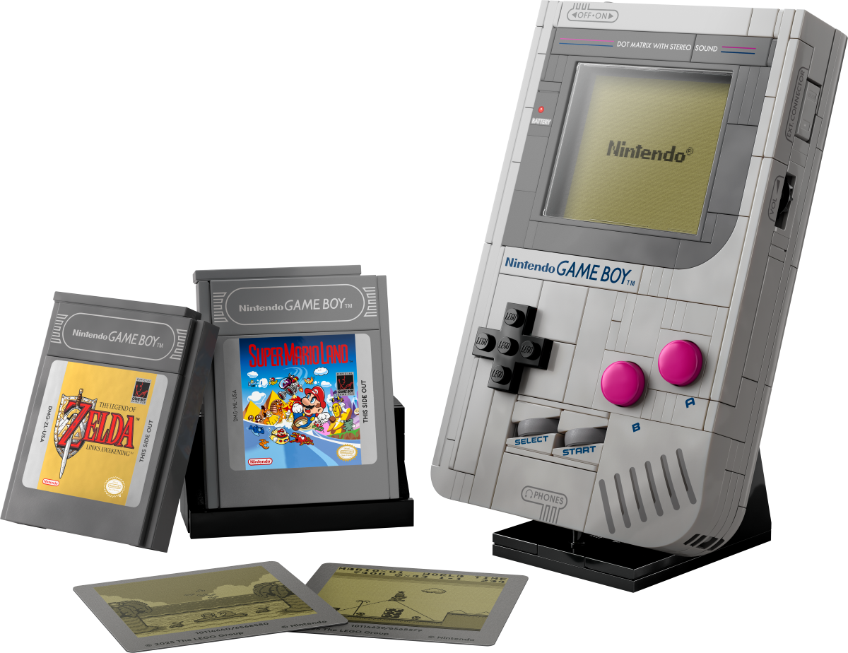 LEGO Nintendo Game Boy console with two games and a power adapter on a white background