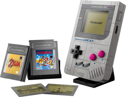 LEGO Nintendo Game Boy console with two games and a power adapter on a white background