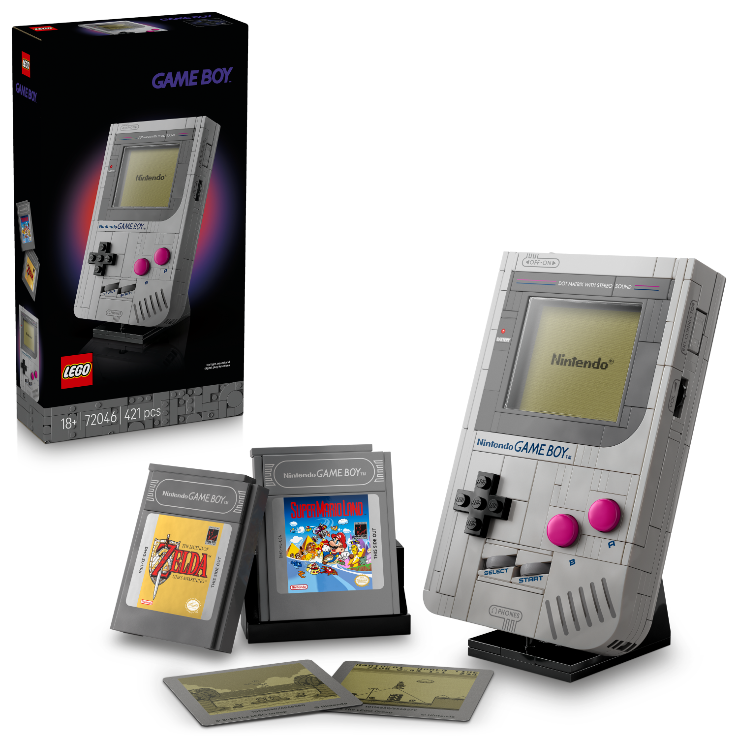 LEGO Nintendo Game Boy set with packaging and game cards on a white background