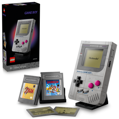 LEGO Nintendo Game Boy set with packaging and game cards on a white background