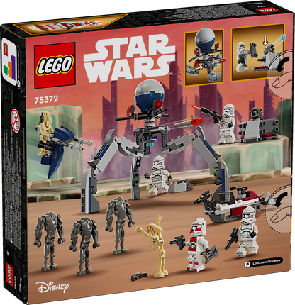 LEGO Star Wars set packaging with figures and robots on a brown background