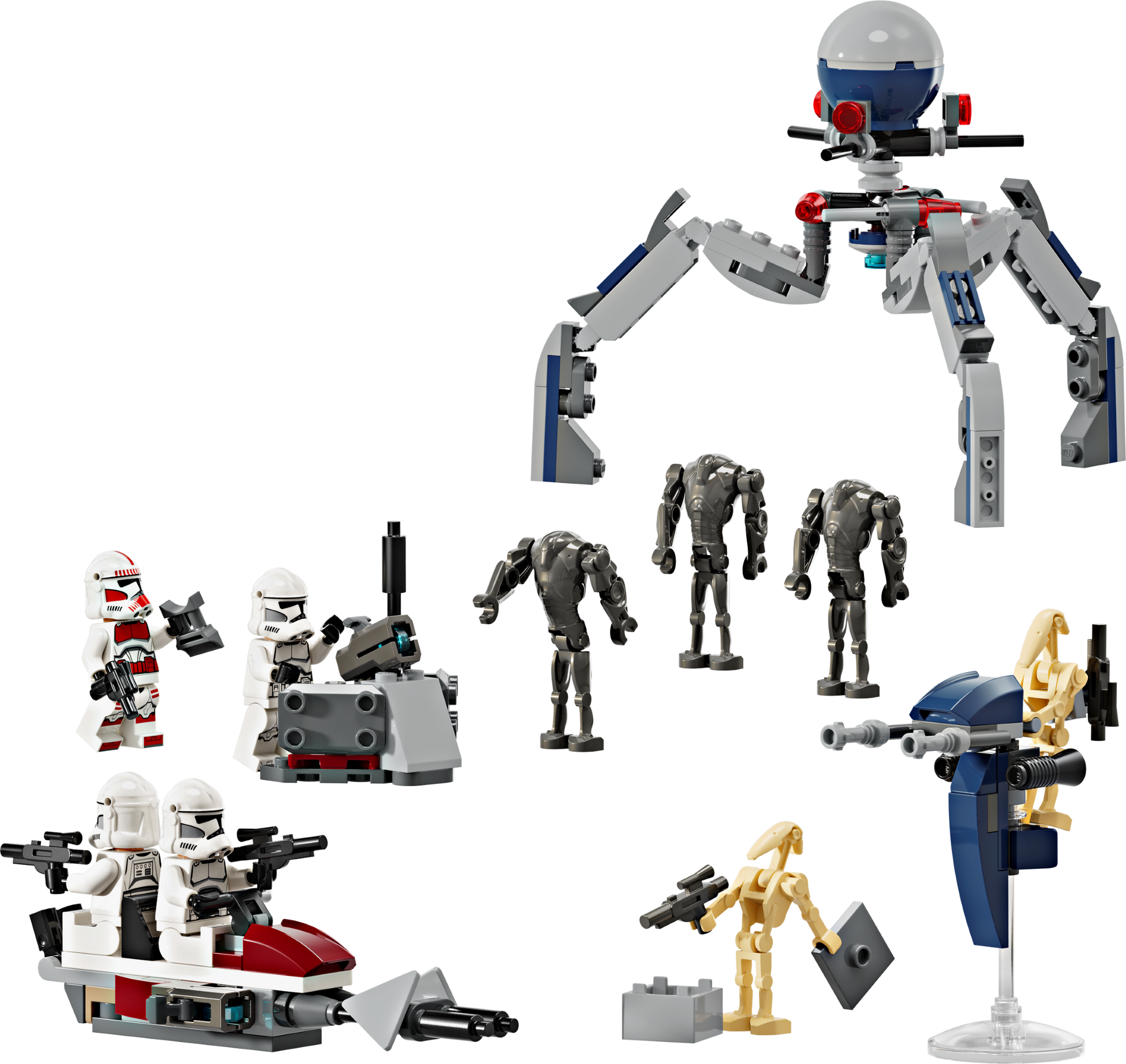 Collection of LEGO toy star wars figures and robots on a white background