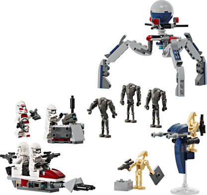 Collection of LEGO toy star wars figures and robots on a white background