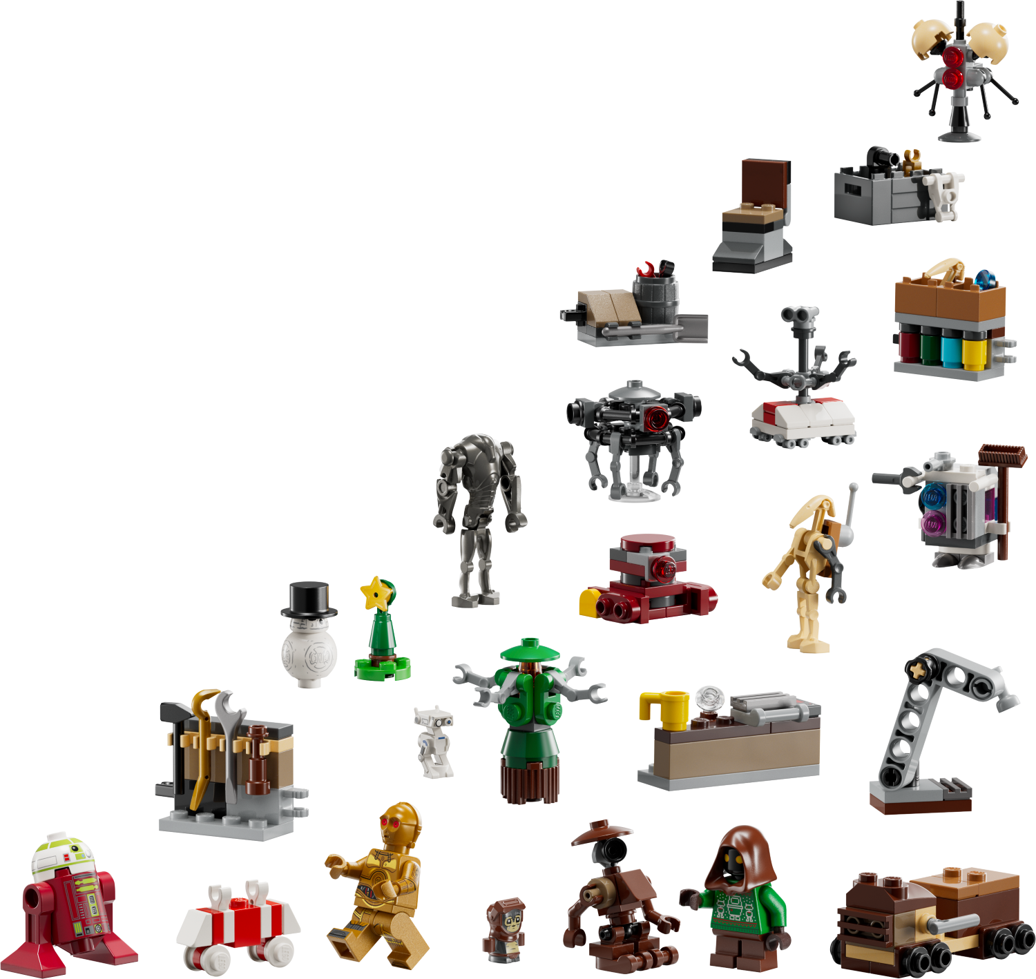 LEGO Star Wars Advent Calendar with various mini figures and set pieces displayed.