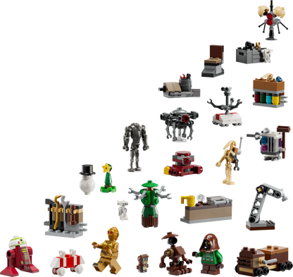 LEGO Star Wars Advent Calendar with various mini figures and set pieces displayed.