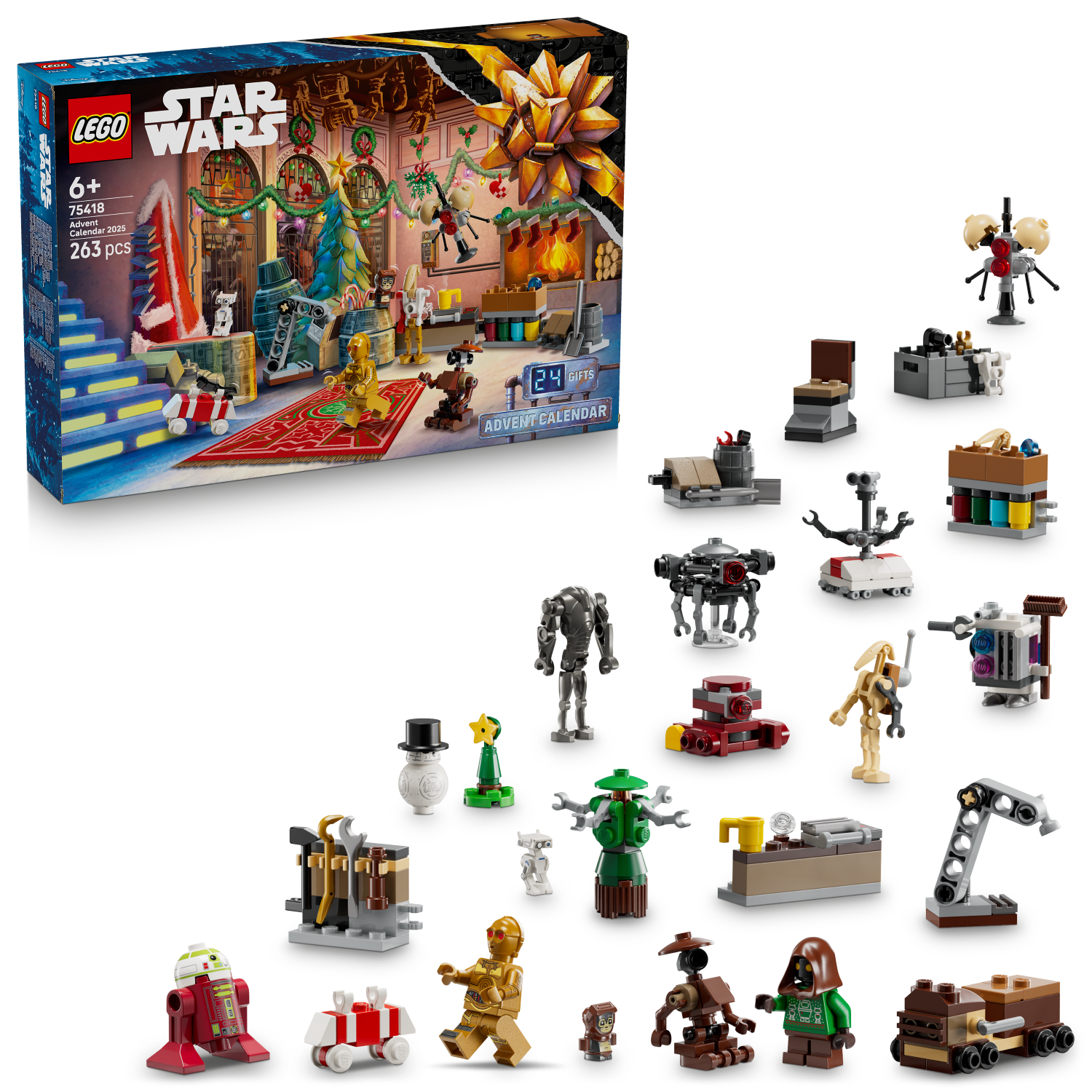 LEGO Star Wars Advent Calendar with various mini figures and set pieces displayed.