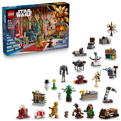 LEGO Star Wars Advent Calendar with various mini figures and set pieces displayed.