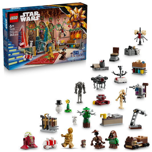LEGO Star Wars Advent Calendar with various mini figures and set pieces displayed.