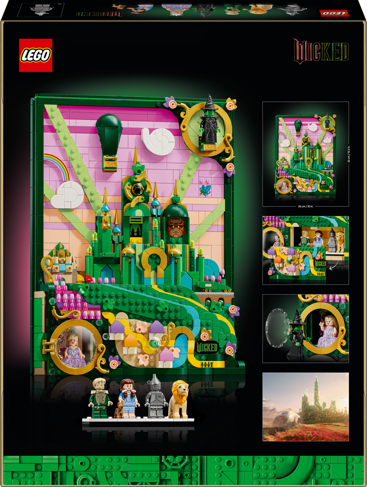 Back of the LEGO Wicked Emerald City Wall Art set packaging box