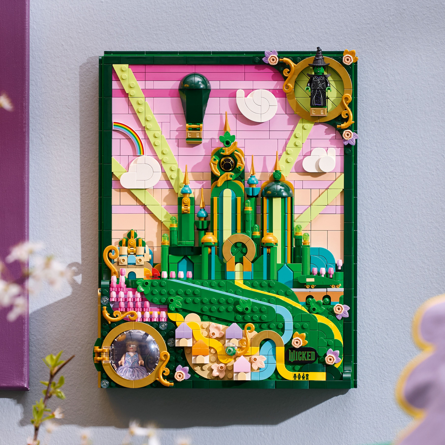 LEGO Wicked Emerald City Wall Art set hanging up on the wall