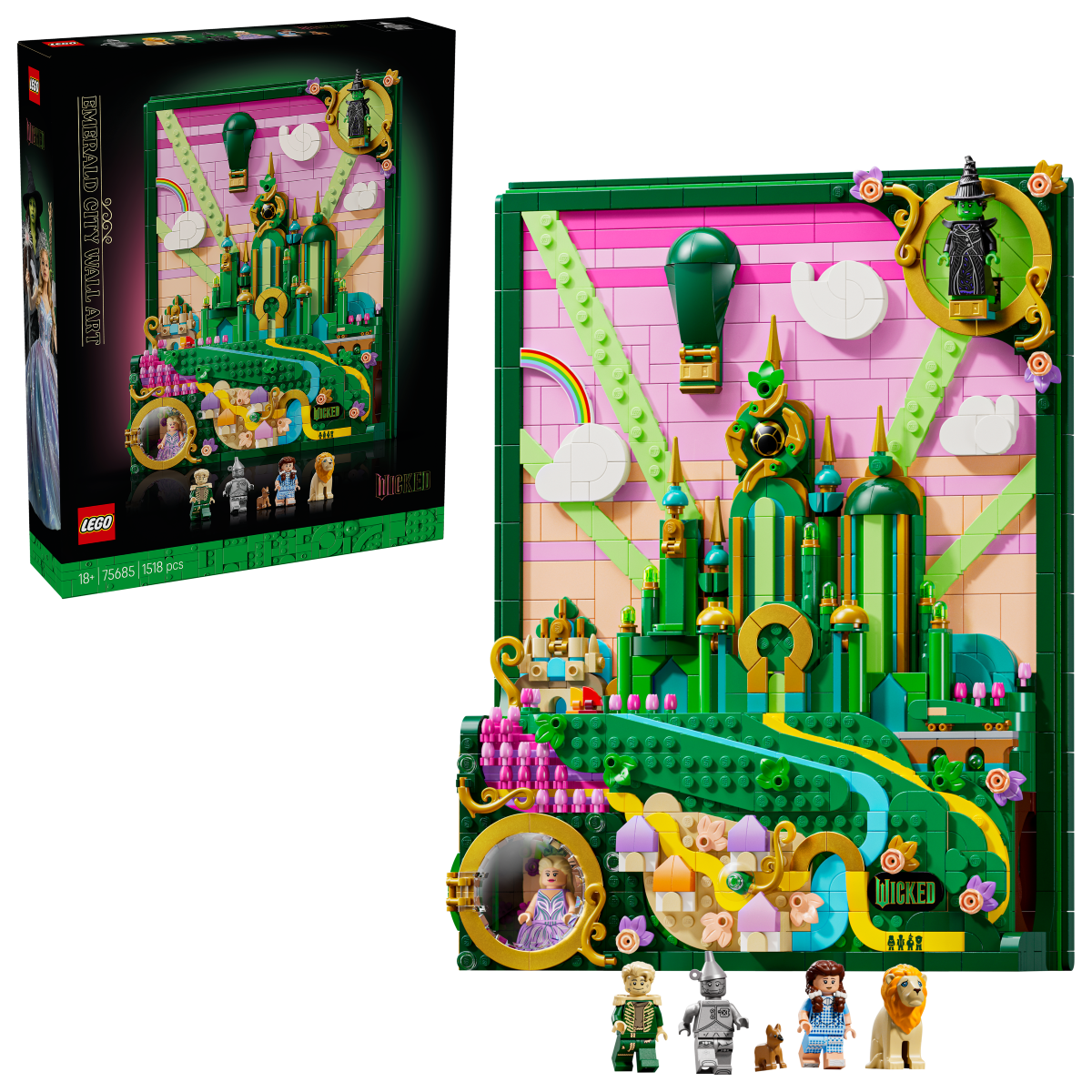 LEGO Wicked Emerald City Wall Art set with colorful architecture and figures next to its packaging