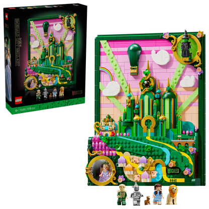 LEGO Wicked Emerald City Wall Art set with colorful architecture and figures next to its packaging