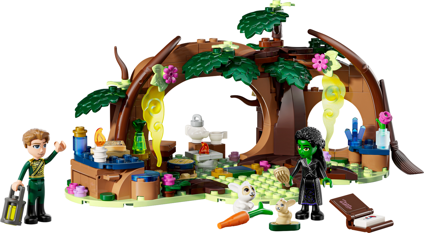 LEGO Wicked Elphaba's Retreat set with characters and a fantasy scene including a wooden arch and plants.