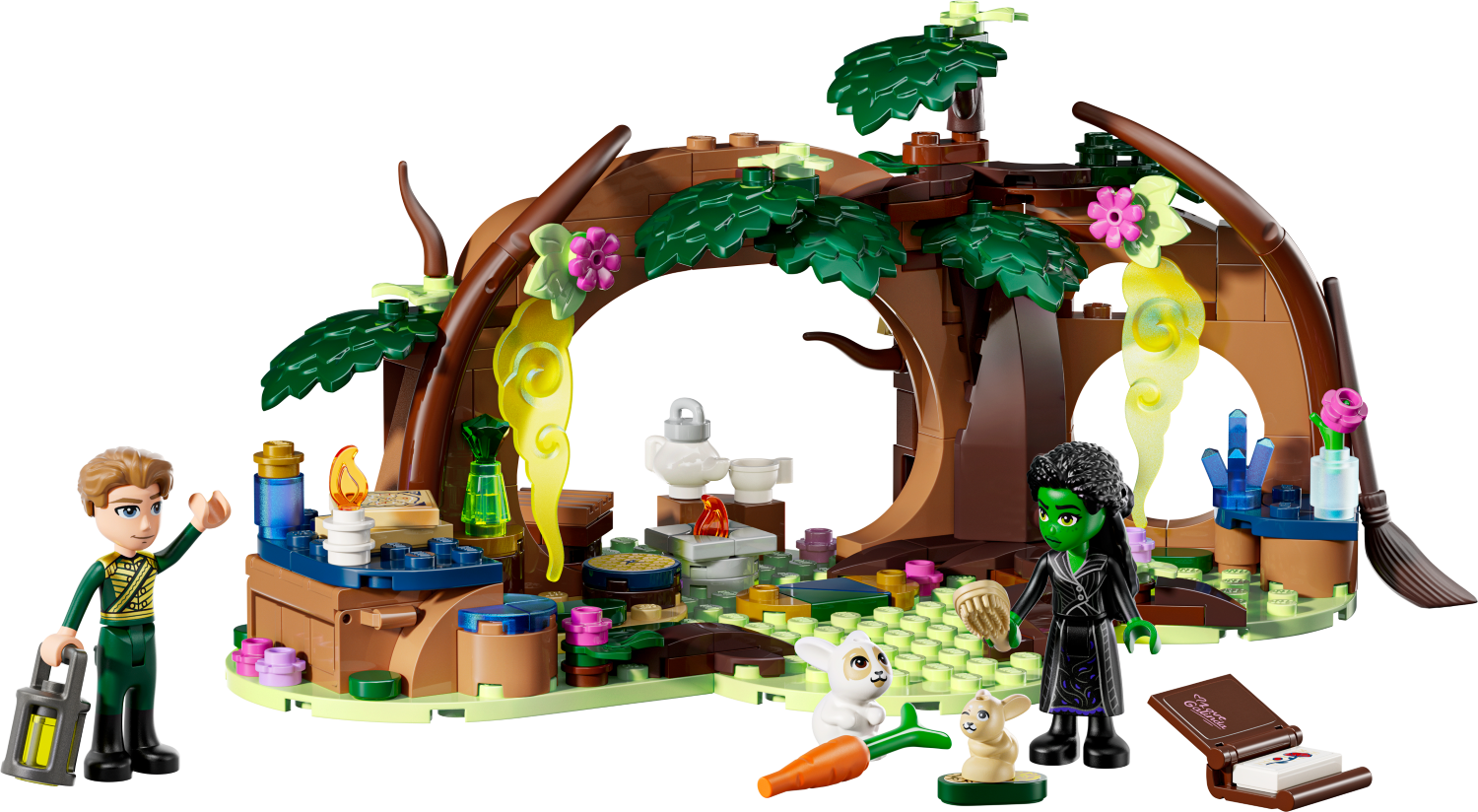 LEGO Wicked Elphaba's Retreat set with characters and a fantasy scene including a wooden arch and plants.
