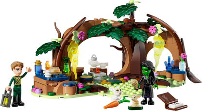 LEGO Wicked Elphaba's Retreat set with characters and a fantasy scene including a wooden arch and plants.