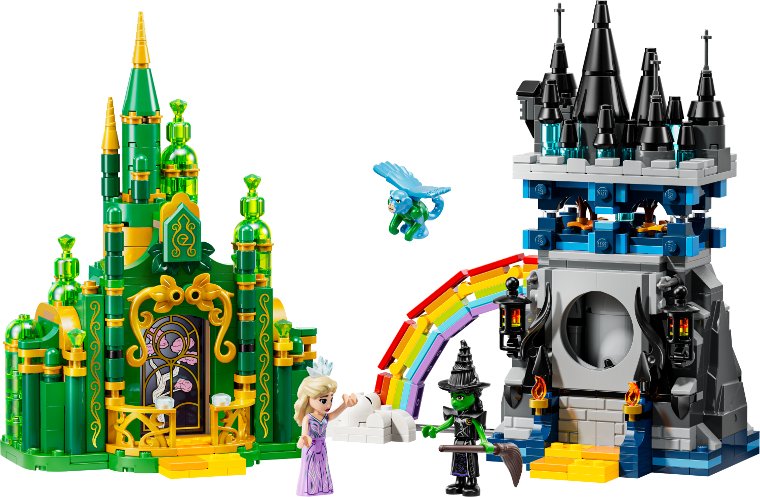 Toy castle set with green and black towers, rainbow, and characters on a white background
