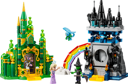 Toy castle set with green and black towers, rainbow, and characters on a white background