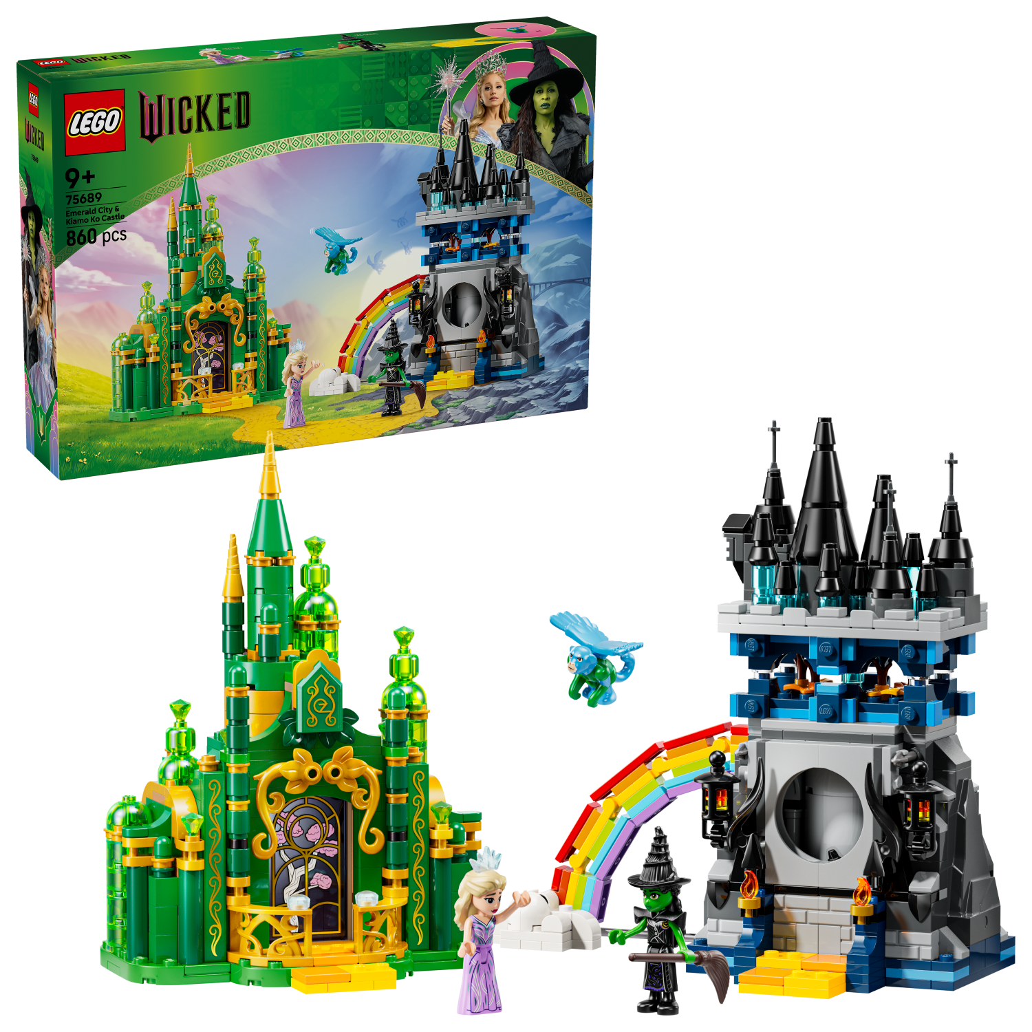 LEGO Wicked set with green and black castle models and packaging on a white background