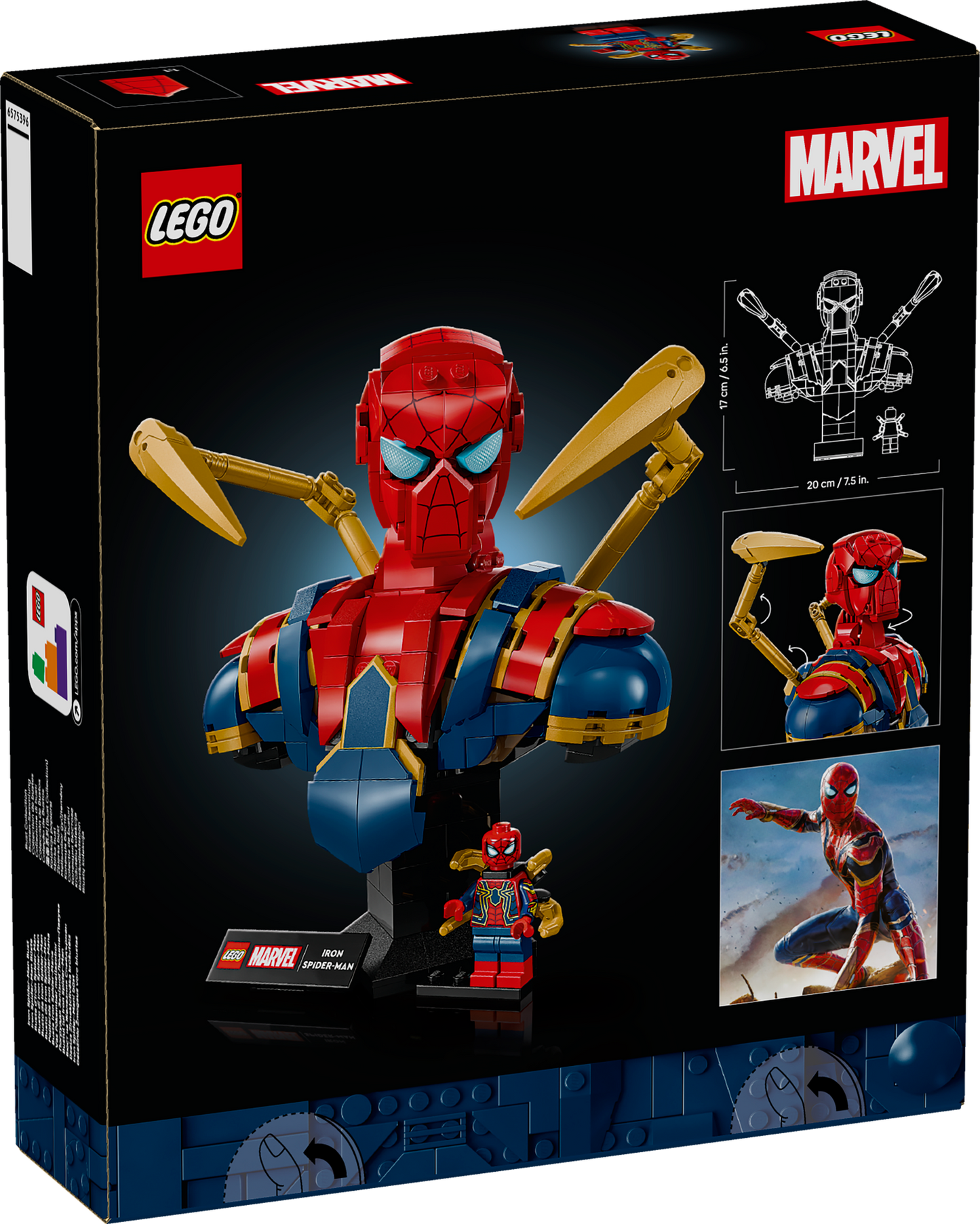 LEGO Iron Spider-Man bust back of packaging with Marvel and LEGO logos.