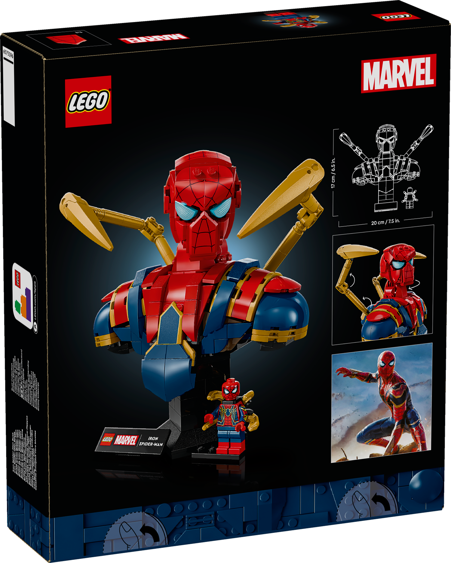 LEGO Iron Spider-Man bust back of packaging with Marvel and LEGO logos.