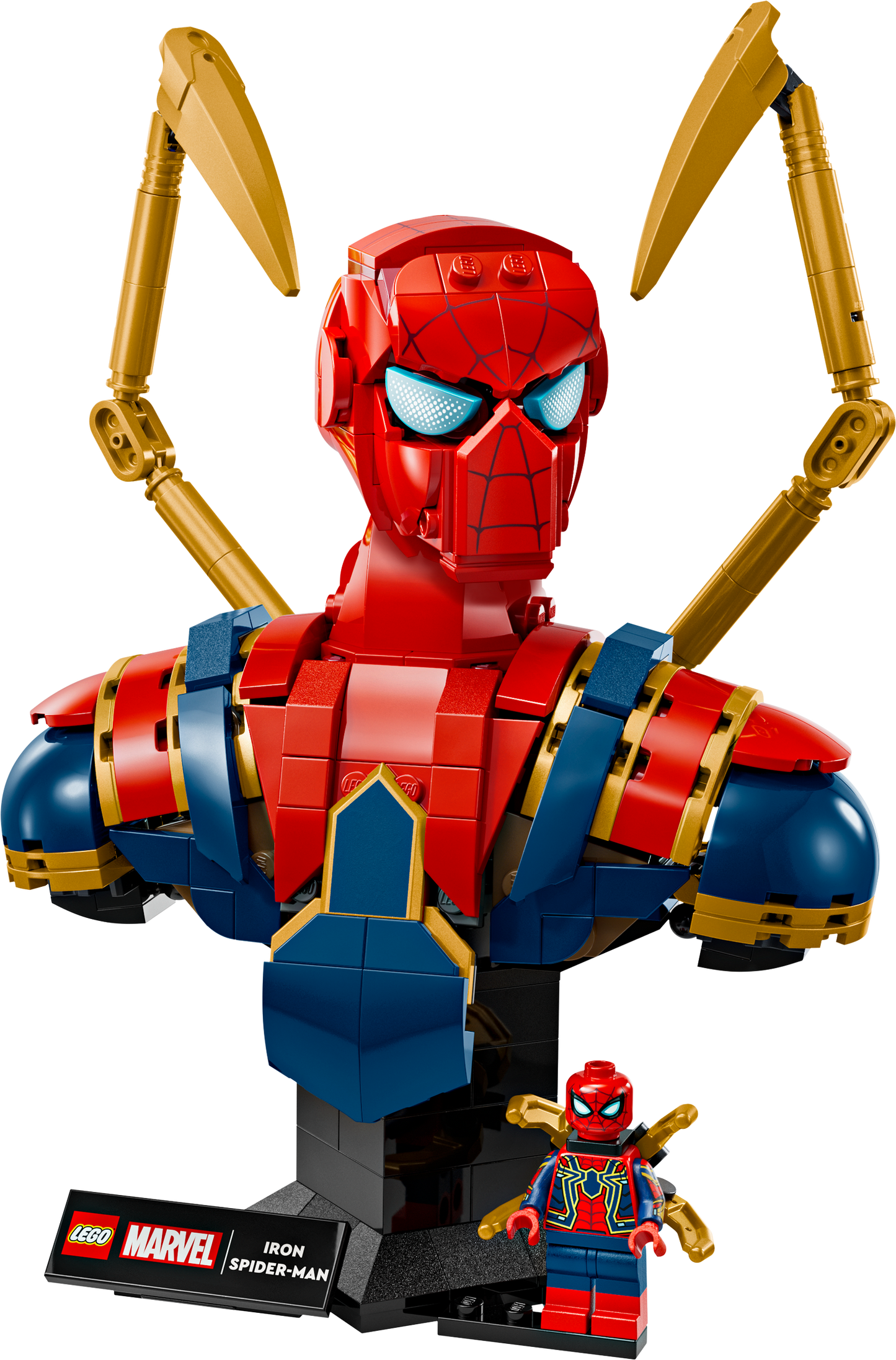 LEGO Iron Spiderman Bust set with plaque and minifigure.