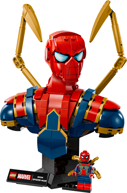 LEGO Iron Spiderman Bust set with plaque and minifigure.
