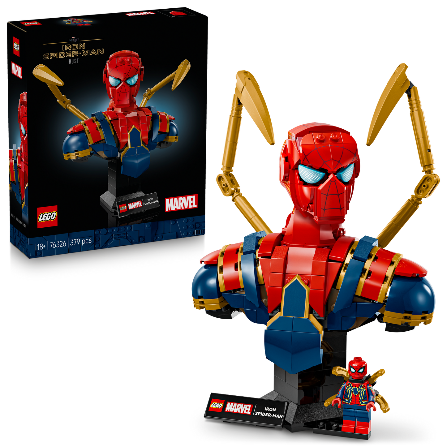 LEGO Iron Spiderman Bust set with plaque and minifigure, and packaging. 