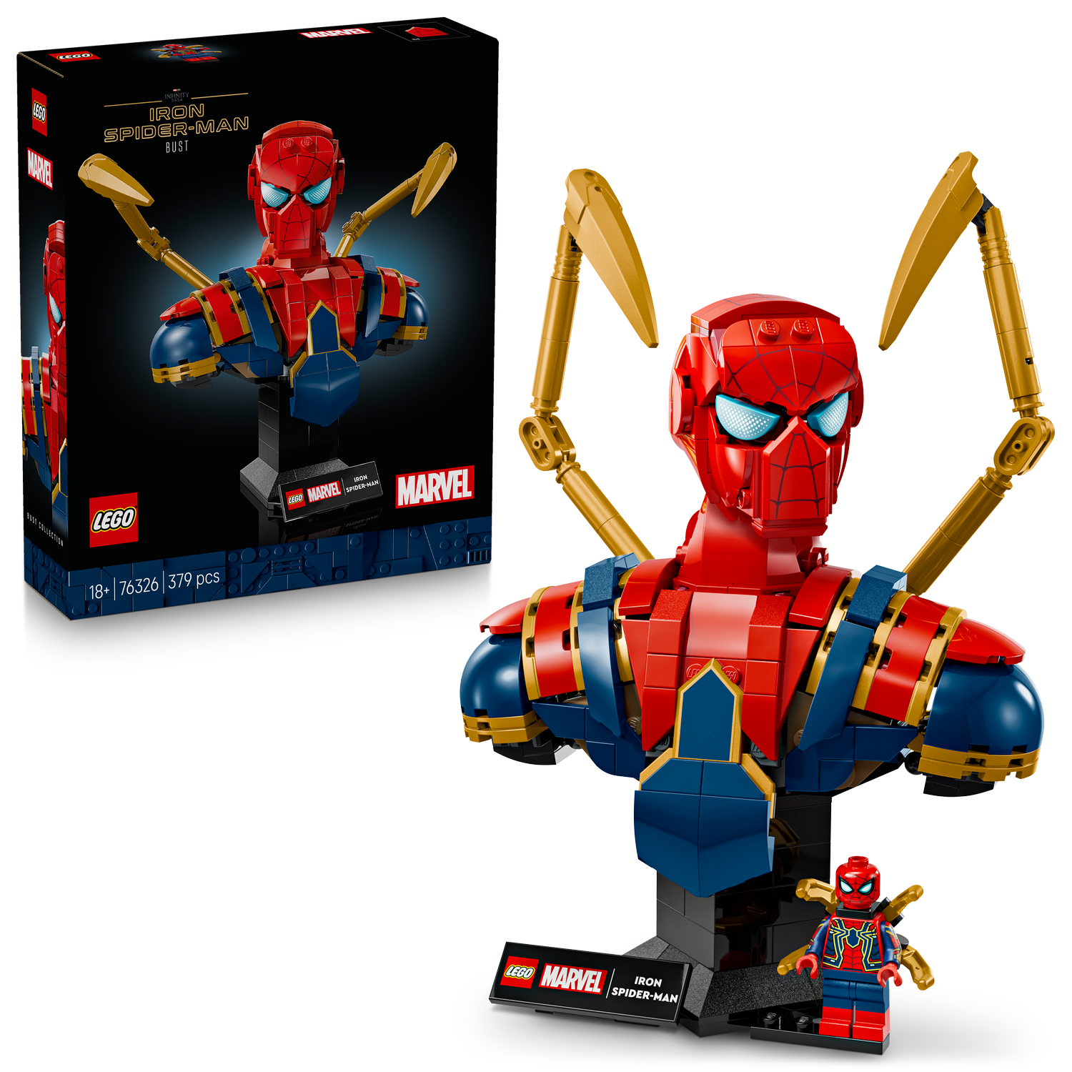 LEGO Iron Spiderman Bust set with plaque and minifigure, and packaging. 