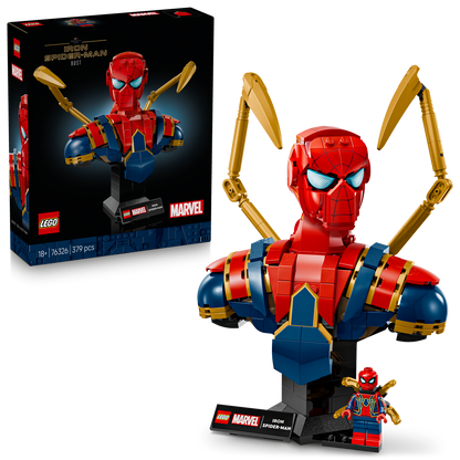 LEGO Iron Spiderman Bust set with plaque and minifigure, and packaging. 