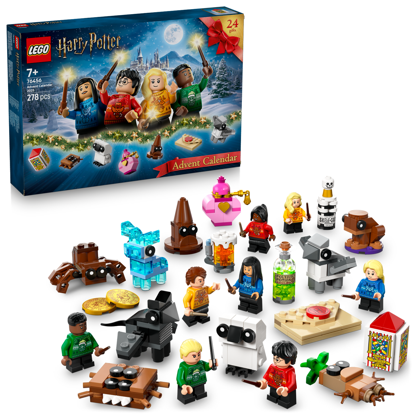 LEGO Harry Potter Advent Calendar with mini figures and box on a white background.