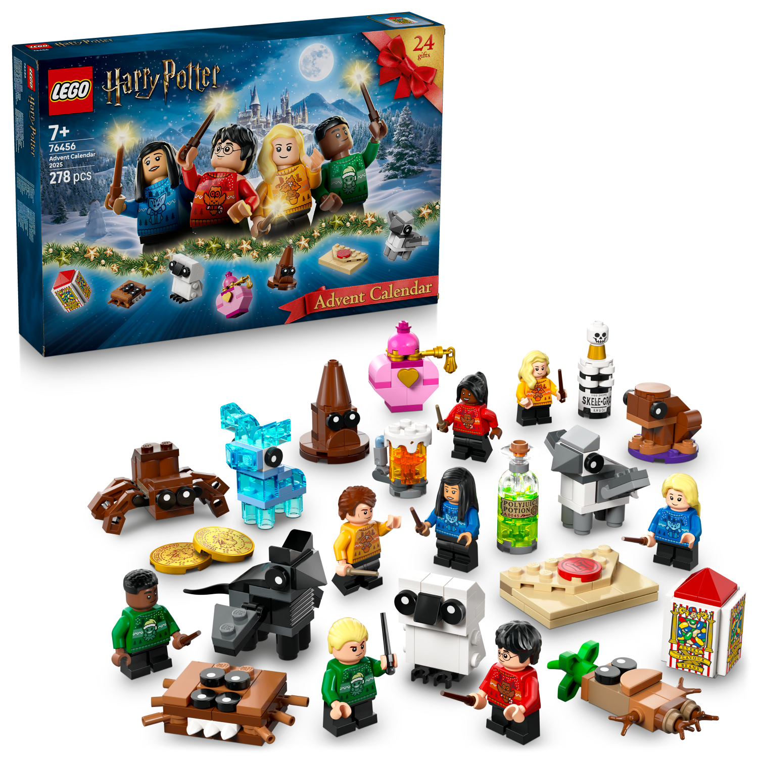 LEGO Harry Potter Advent Calendar with mini figures and box on a white background.