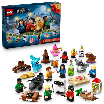 LEGO Harry Potter Advent Calendar with mini figures and box on a white background.