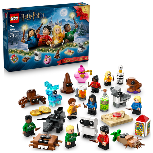 LEGO Harry Potter Advent Calendar with mini figures and box on a white background.