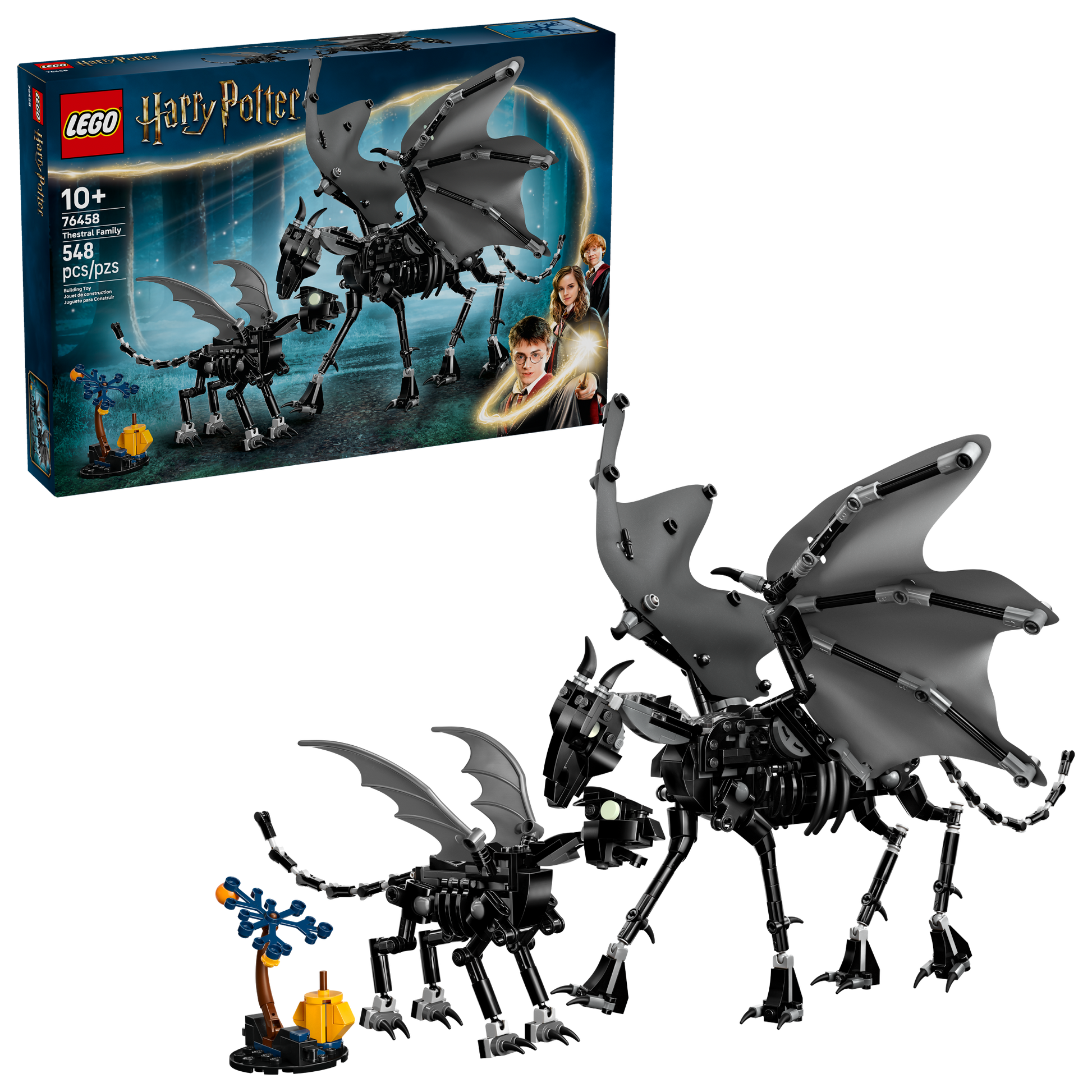 LEGO Harry Potter Thestral Family set, featuring models of an adult and baby Thestral with adjustable parts, and packaging box.