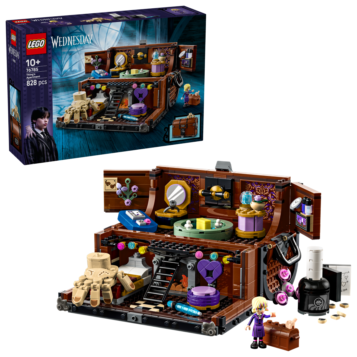 LEGO Wednesday Thing's Apartment, with packaging and accessories. 
