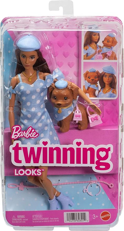 Barbie Twinning Looks Doll with Pet Dog in Matching Clothes & Accessories (JFP38)