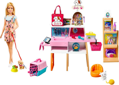 Barbie Doll and Pet Boutique Playset with 4 Pets, Color-Change Grooming (GRG90)